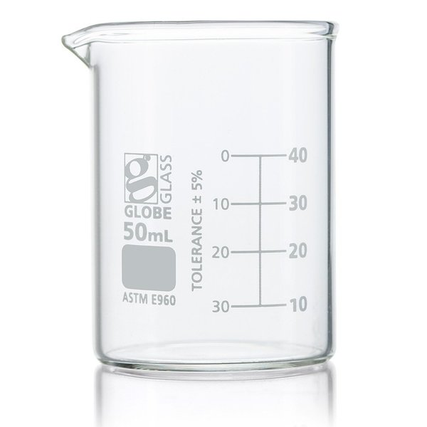 Globe Scientific Beaker, Globe Glass, 50mL, Low Form Griffin Style, Dual Graduations, ASTM E960, 12/Box, 12PK 8010050